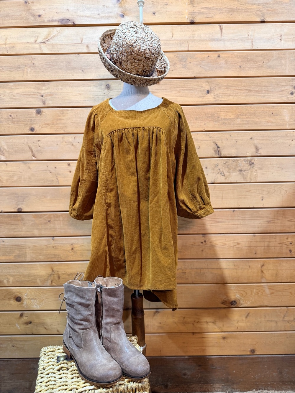 Free People Corduroy Tunic Dress L Mustard Gold Puff Sleeve Boho High Low